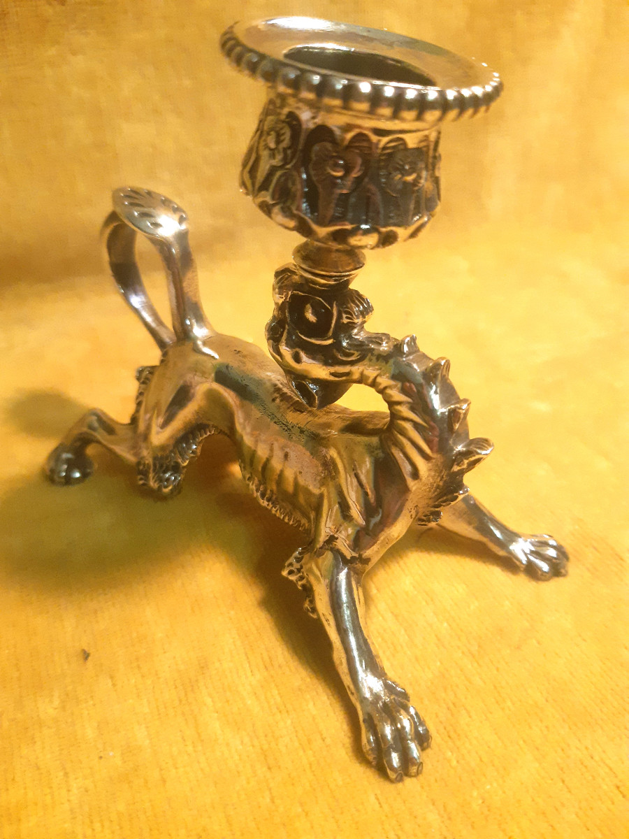 Bougeoir Griffon Lion Dragon Bronze St Renaissance Napoléon III 19éme -photo-3