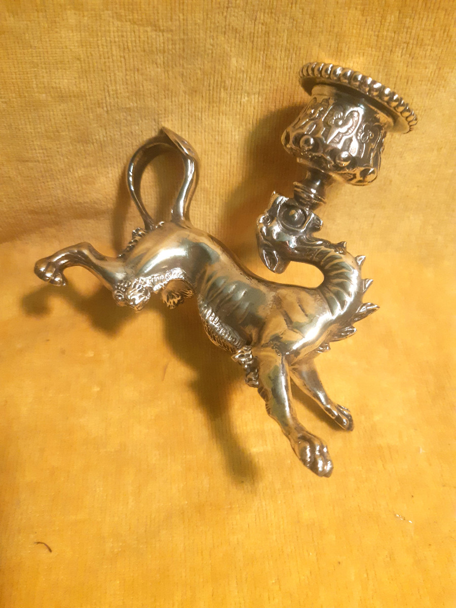 Bougeoir Griffon Lion Dragon Bronze St Renaissance Napoléon III 19éme -photo-7