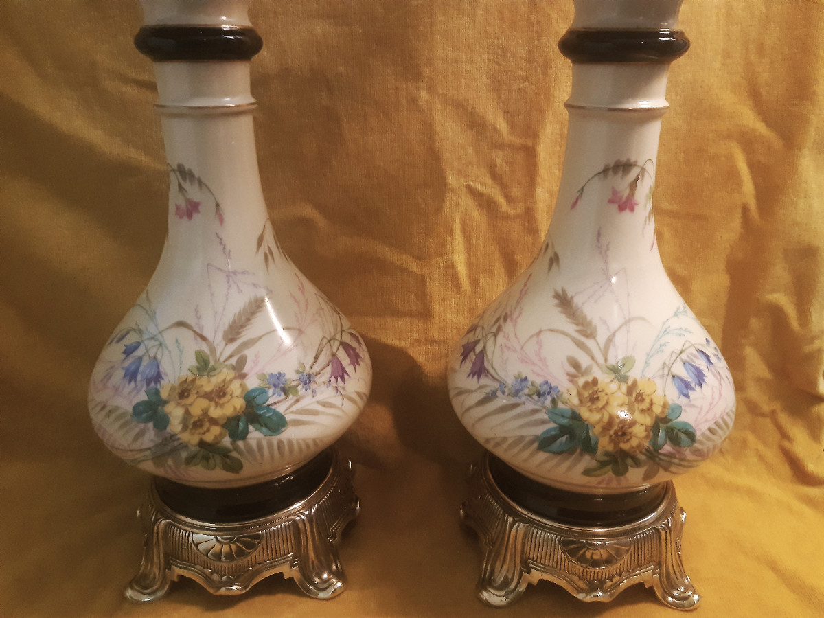 Paire Grandes Lampes à Huile à Modérateur Porcelaine Peinte Bouquet Napoléon III (1851-1870)-photo-2
