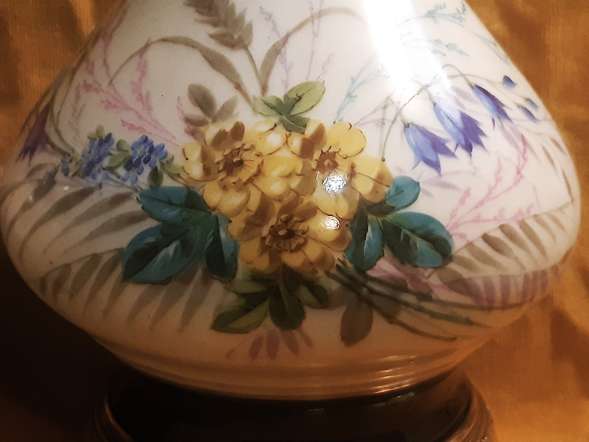 Paire Grandes Lampes à Huile à Modérateur Porcelaine Peinte Bouquet Napoléon III (1851-1870)-photo-4