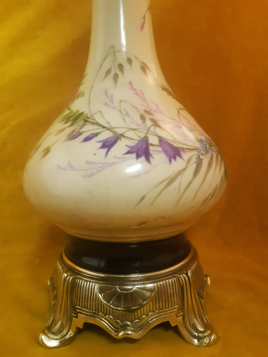 Paire Grandes Lampes à Huile à Modérateur Porcelaine Peinte Bouquet Napoléon III (1851-1870)-photo-1