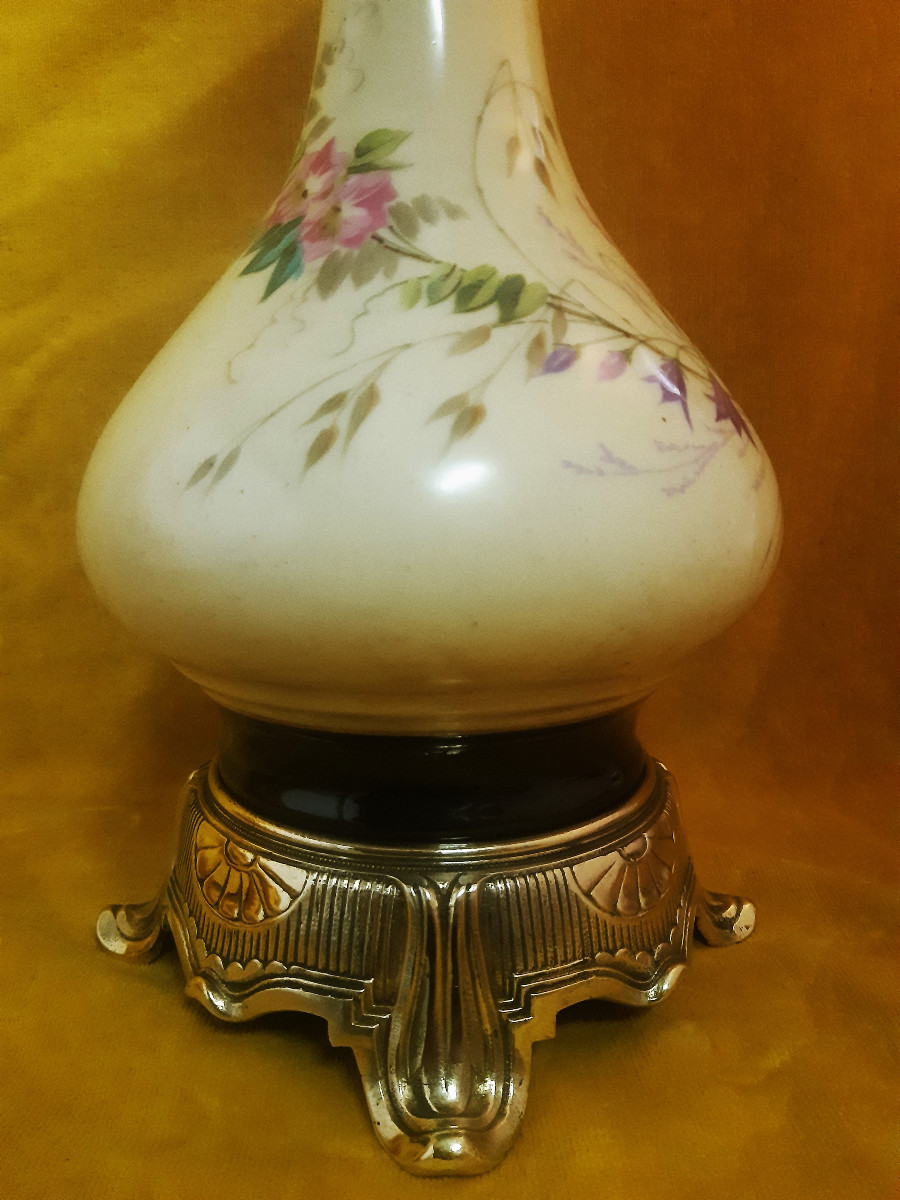 Paire Grandes Lampes à Huile à Modérateur Porcelaine Peinte Bouquet Napoléon III (1851-1870)-photo-2