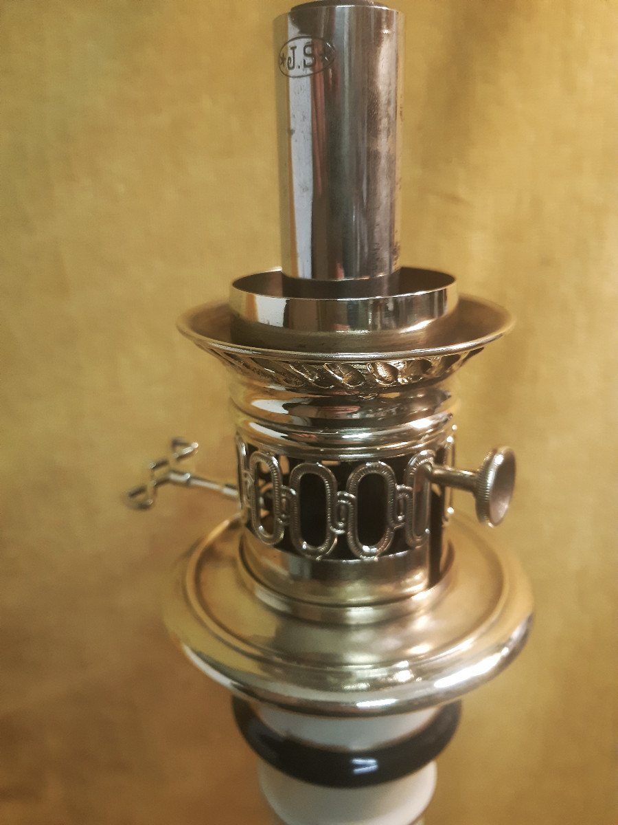 Paire Grandes Lampes à Huile à Modérateur Porcelaine Peinte Bouquet Napoléon III (1851-1870)-photo-5