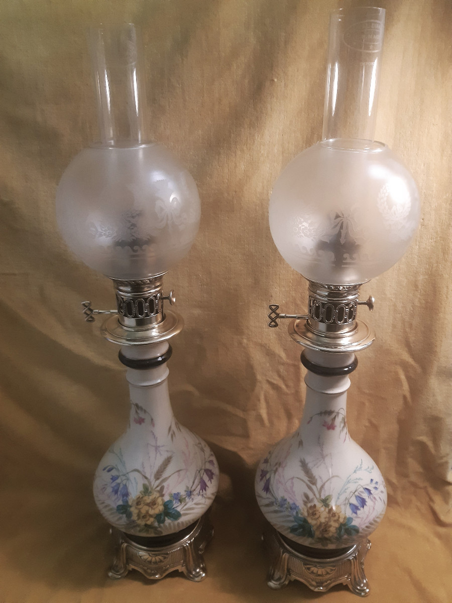 Paire Grandes Lampes à Huile à Modérateur Porcelaine Peinte Bouquet Napoléon III (1851-1870)-photo-8