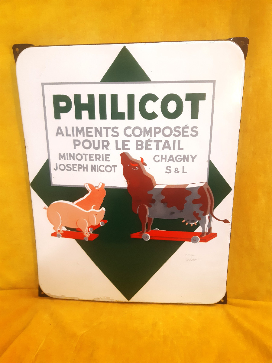 Enamel Advertising Sign Philicot 1950 Compound Feed For Livestock By Roby (1916-1995) 