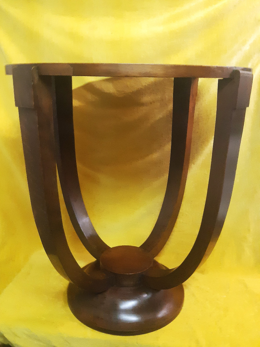 Guéridon Rond Art Déco 1930-50 Noyer 4 Pieds en Arc sur Base Ronde -photo-2