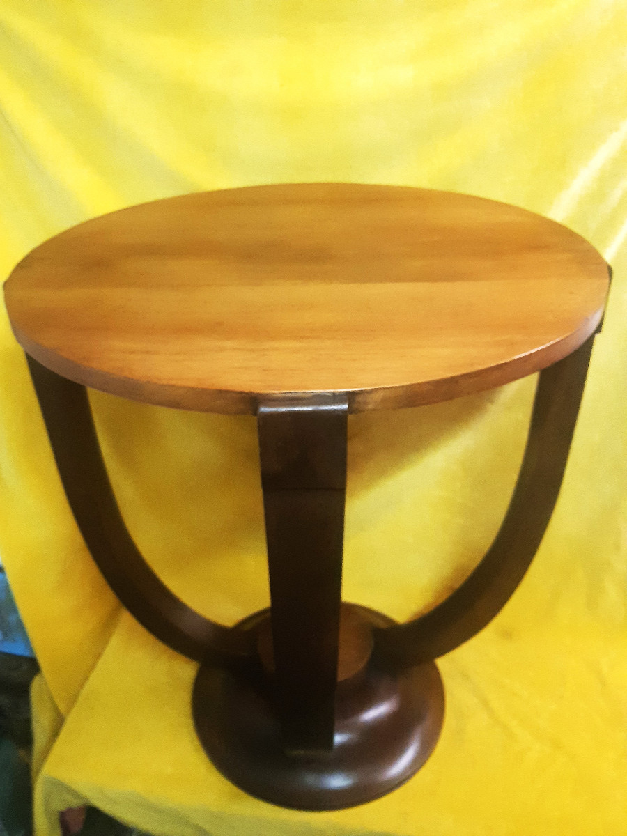 Guéridon Rond Art Déco 1930-50 Noyer 4 Pieds en Arc sur Base Ronde -photo-3