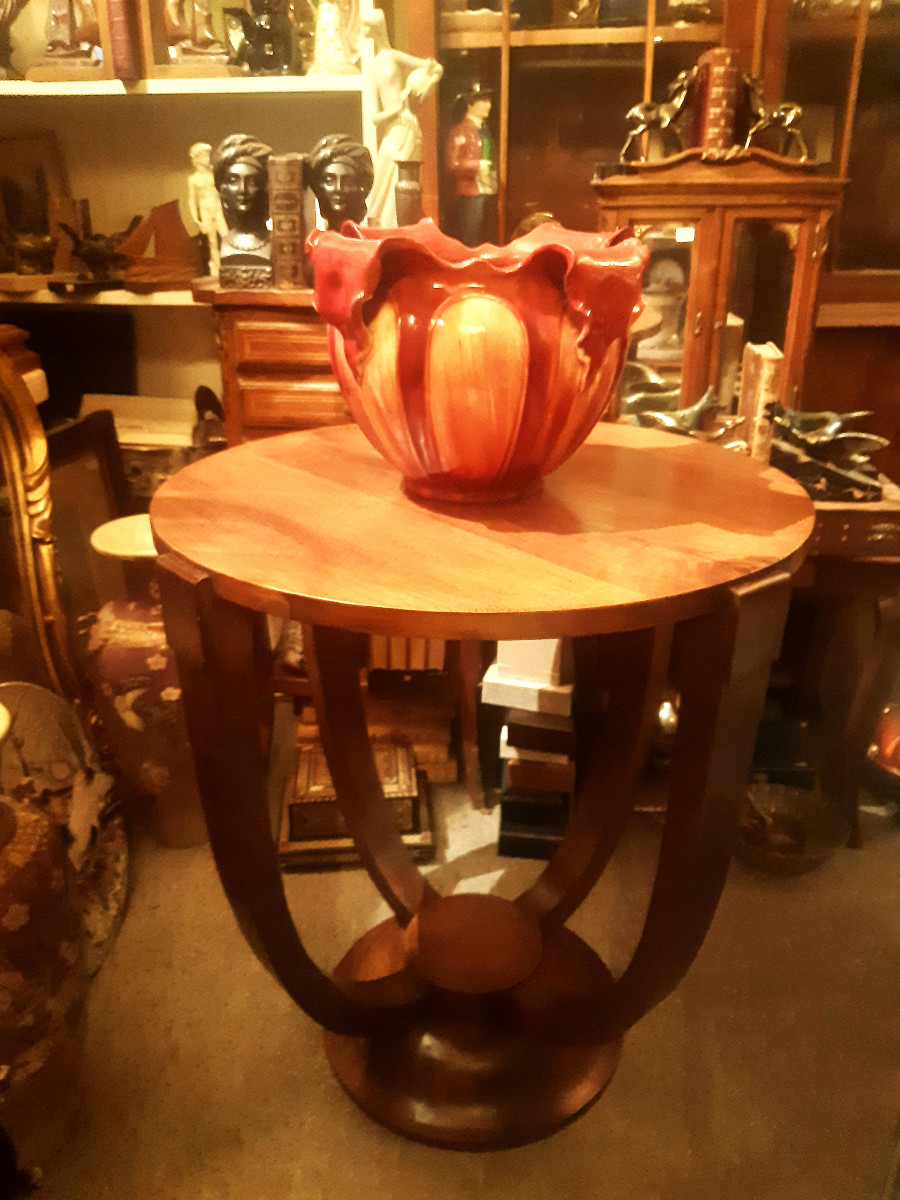 Guéridon Rond Art Déco 1930-50 Noyer 4 Pieds en Arc sur Base Ronde -photo-6