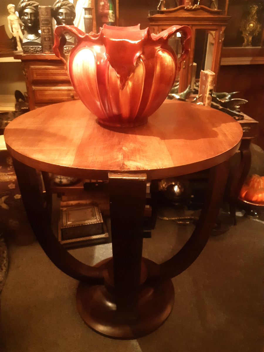 Guéridon Rond Art Déco 1930-50 Noyer 4 Pieds en Arc sur Base Ronde -photo-7