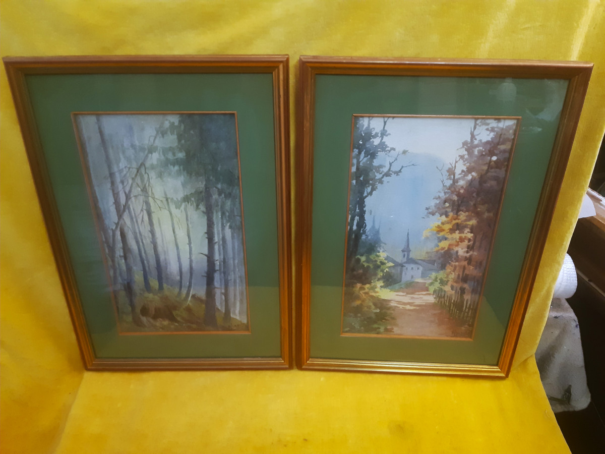 Paire d’ Aquarelles Chapelle et Sous-bois Style Impressionniste Marceline AMBLOT (1897-1935)-photo-2