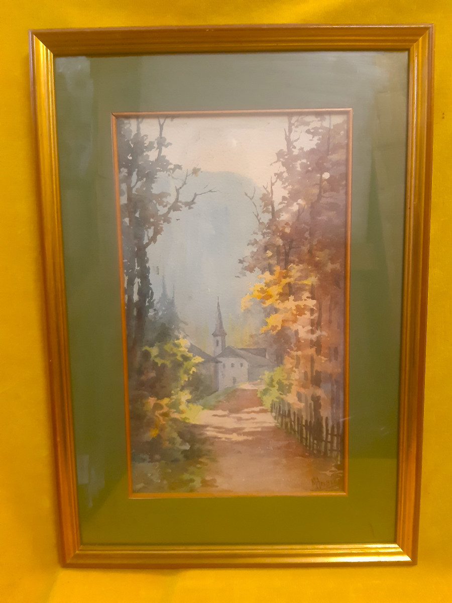 Paire d’ Aquarelles Chapelle et Sous-bois Style Impressionniste Marceline AMBLOT (1897-1935)-photo-3
