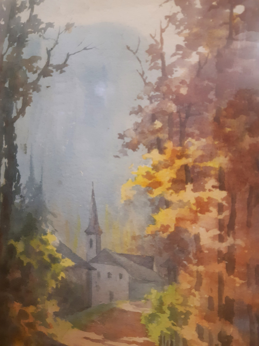 Paire d’ Aquarelles Chapelle et Sous-bois Style Impressionniste Marceline AMBLOT (1897-1935)-photo-1