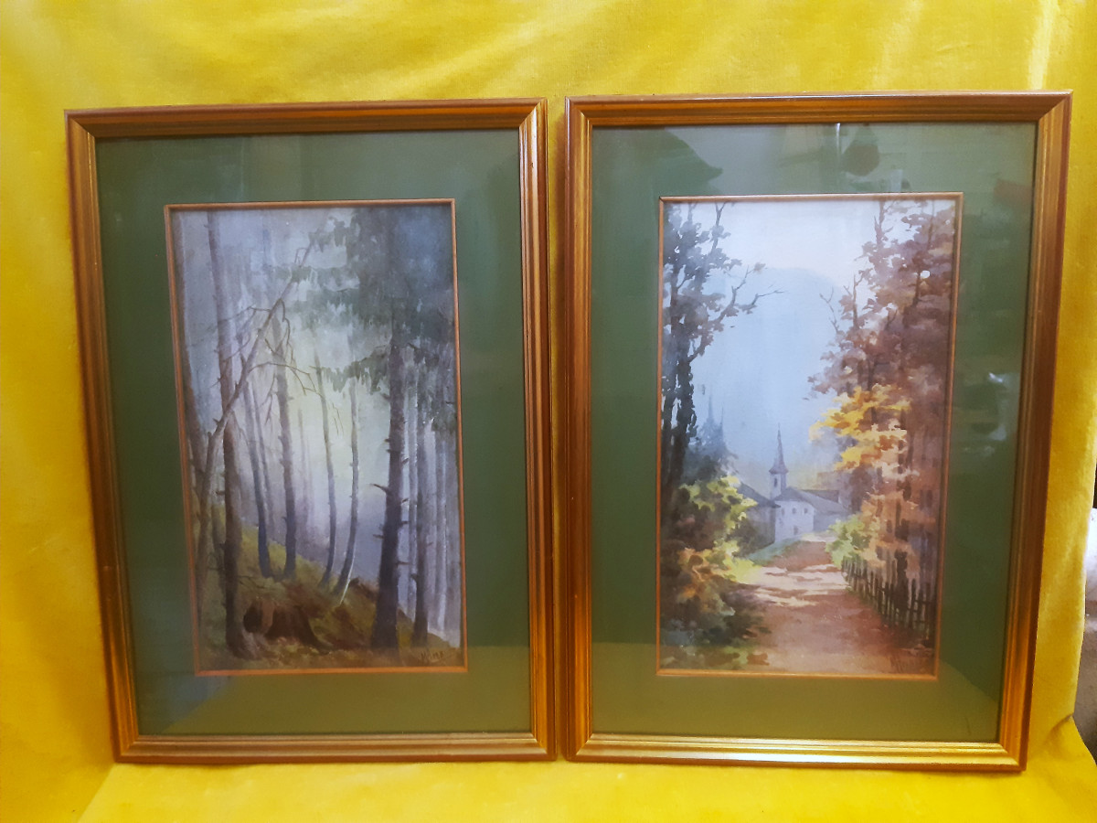 Paire d’ Aquarelles Chapelle et Sous-bois Style Impressionniste Marceline AMBLOT (1897-1935)