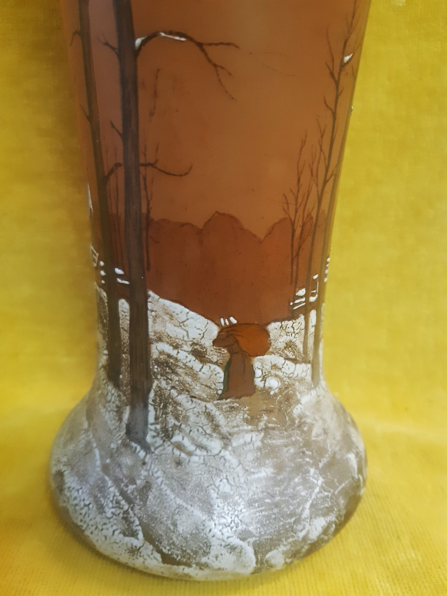 Vase Legras (1839-1916) Montjoye St Denis Paysage d'Hiver Enamelled Art Nouveau -photo-2
