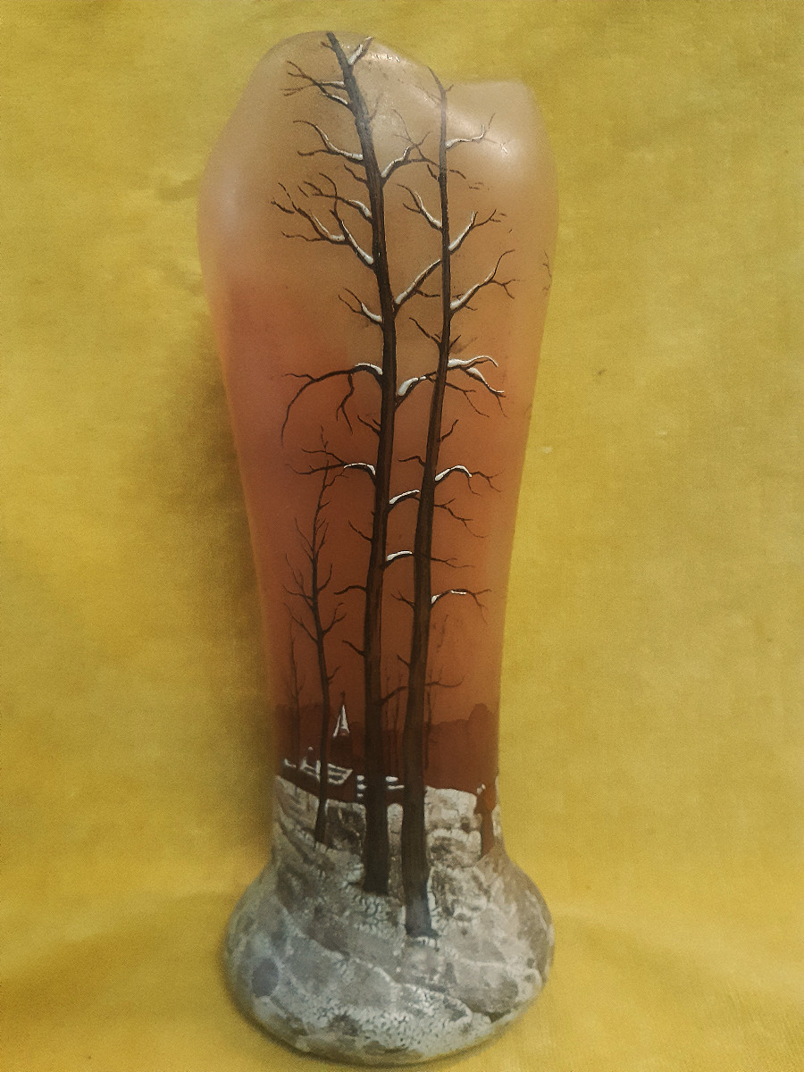 Vase Legras (1839-1916) Montjoye St Denis Paysage d'Hiver Enamelled Art Nouveau -photo-4