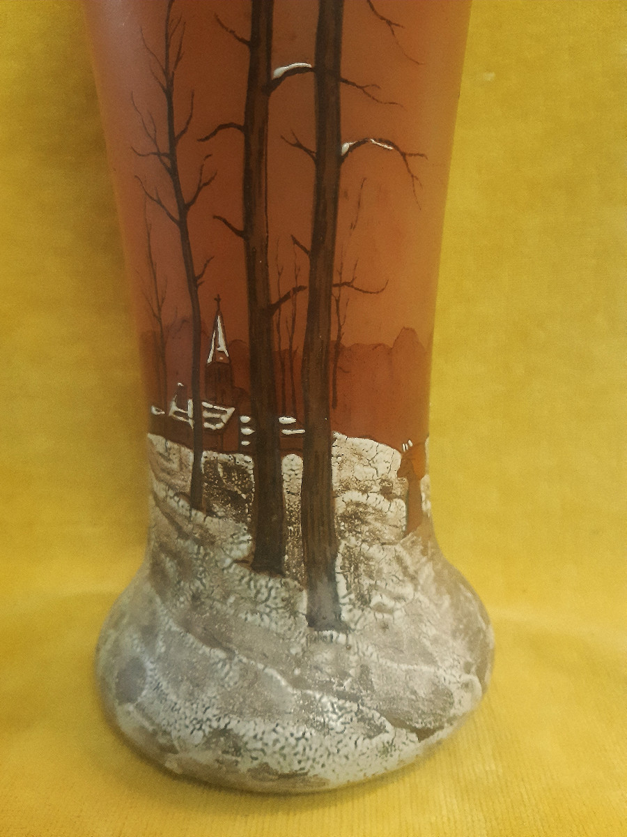Vase Legras (1839-1916) Montjoye St Denis Paysage d'Hiver Enamelled Art Nouveau -photo-1