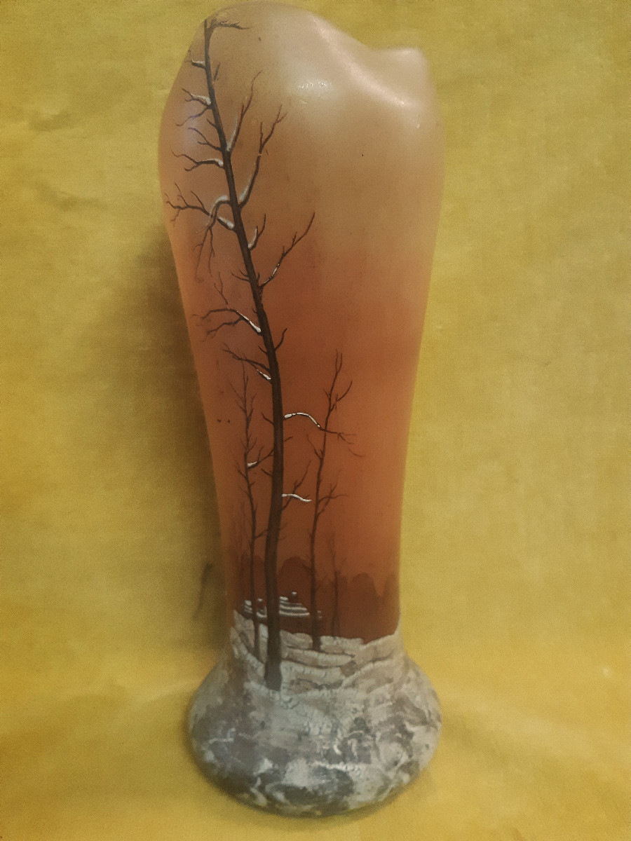 Vase Legras (1839-1916) Montjoye St Denis Paysage d'Hiver Enamelled Art Nouveau -photo-2