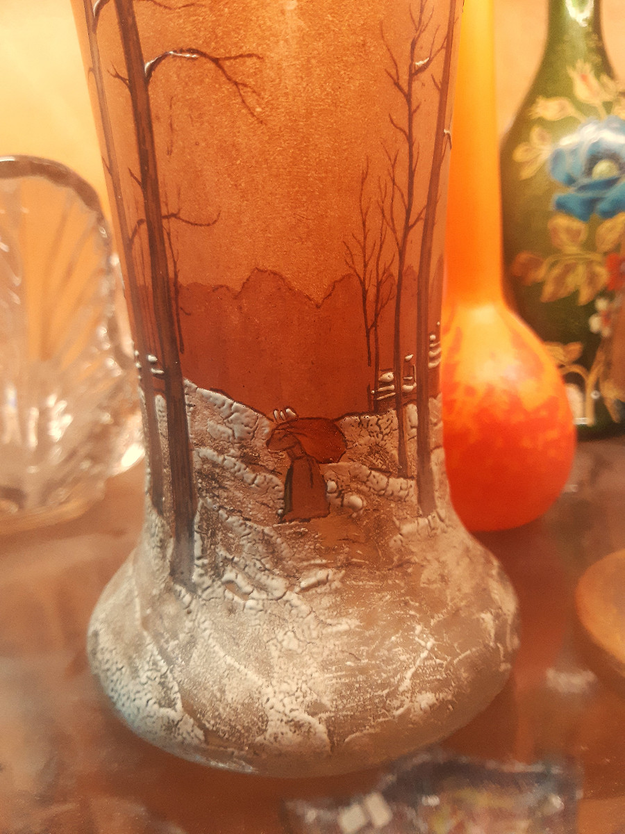 Vase Legras (1839-1916) Montjoye St Denis Paysage d'Hiver Enamelled Art Nouveau -photo-5