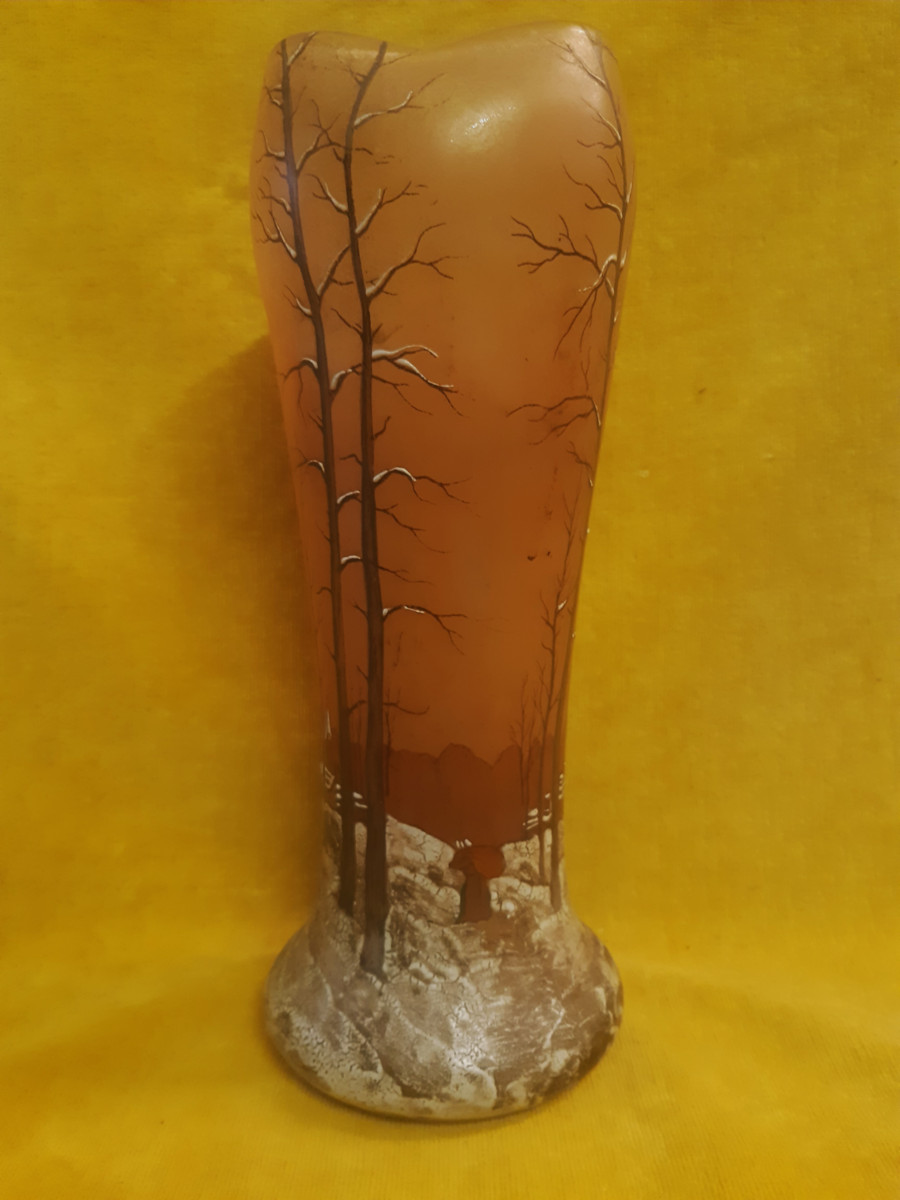 Vase Legras (1839-1916) Montjoye St Denis Paysage d'Hiver Enamelled Art Nouveau 