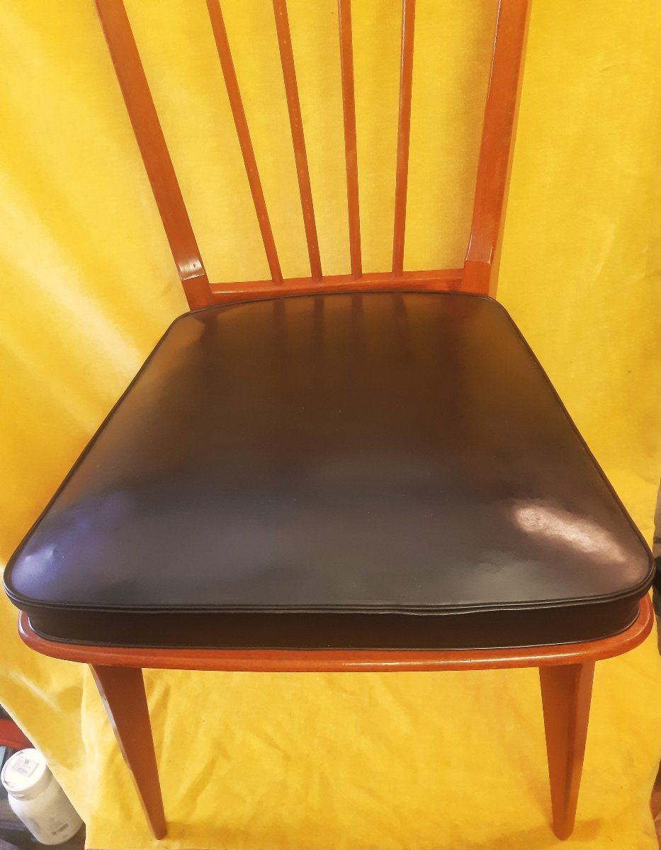 Set Of 6 High Back Chairs Vintage 60-70 Scandinavian Style Seat Upholstered Black Skaï-photo-3