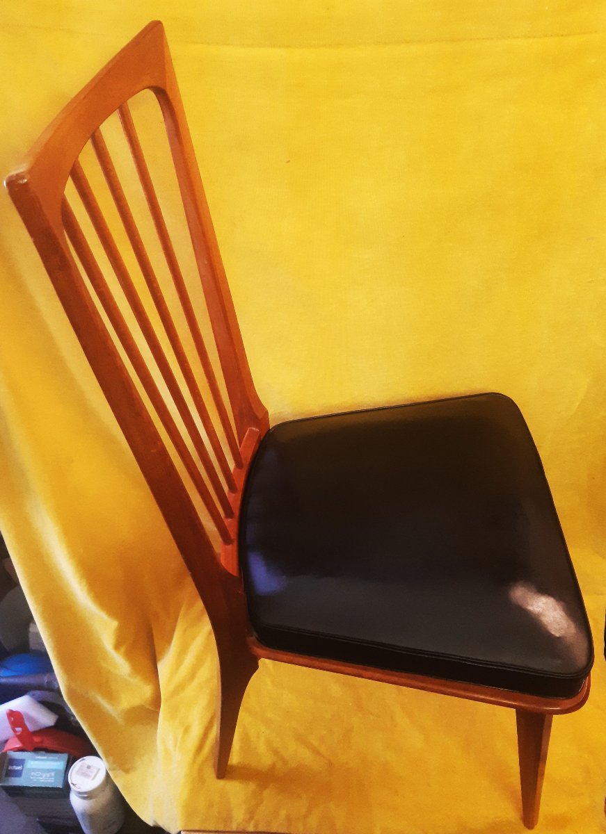 Set Of 6 High Back Chairs Vintage 60-70 Scandinavian Style Seat Upholstered Black Skaï-photo-2