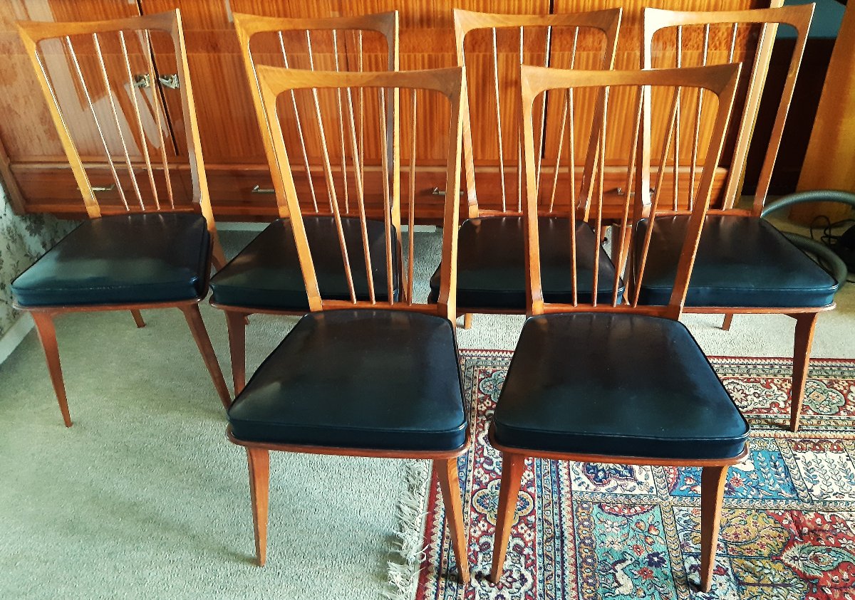 Set Of 6 High Back Chairs Vintage 60-70 Scandinavian Style Seat Upholstered Black Skaï-photo-4