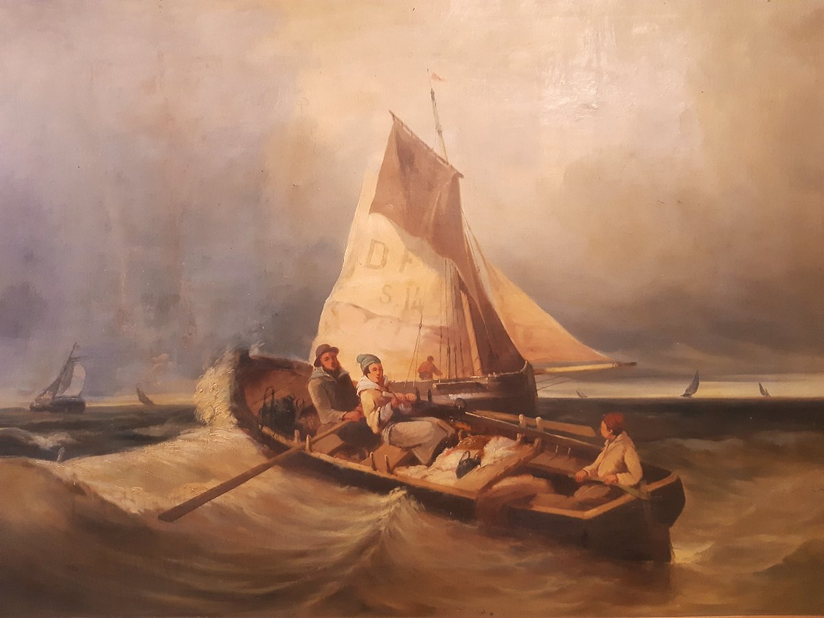 Grande Peinture Départ de Pêche en Haute Mer par Mauvais Temps de COLSON 19éme-photo-2
