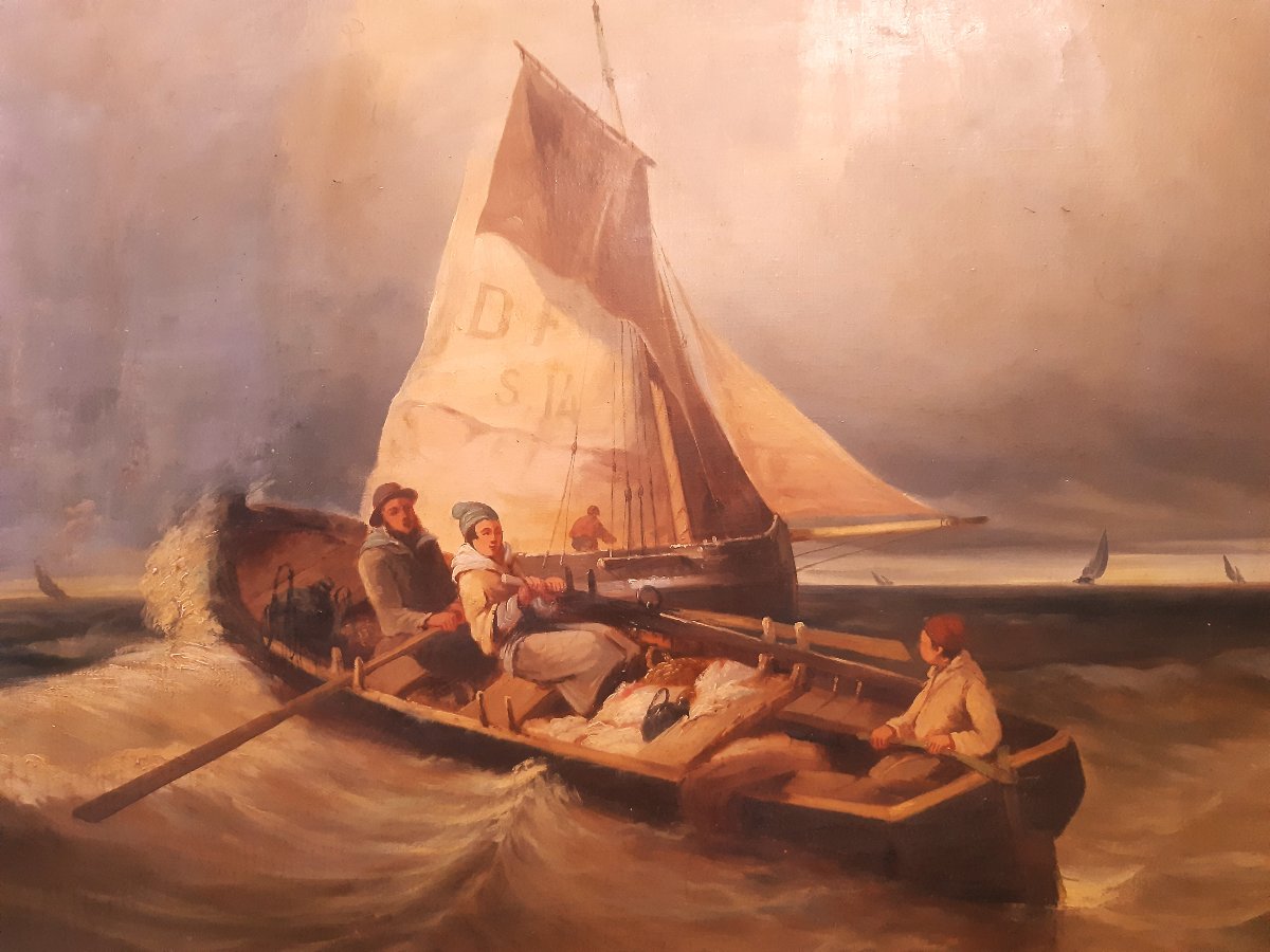 Grande Peinture Départ de Pêche en Haute Mer par Mauvais Temps de COLSON 19éme-photo-3