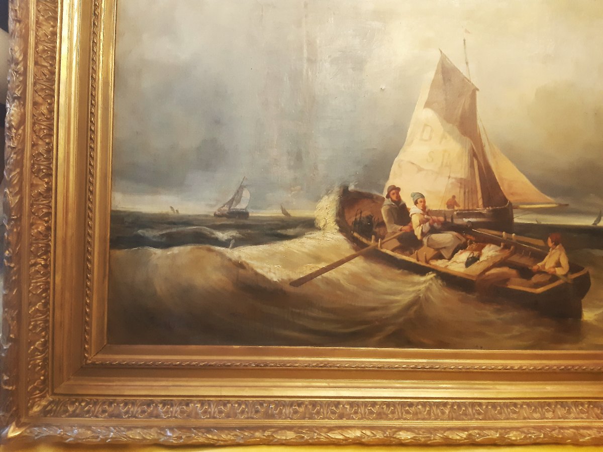 Grande Peinture Départ de Pêche en Haute Mer par Mauvais Temps de COLSON 19éme-photo-1