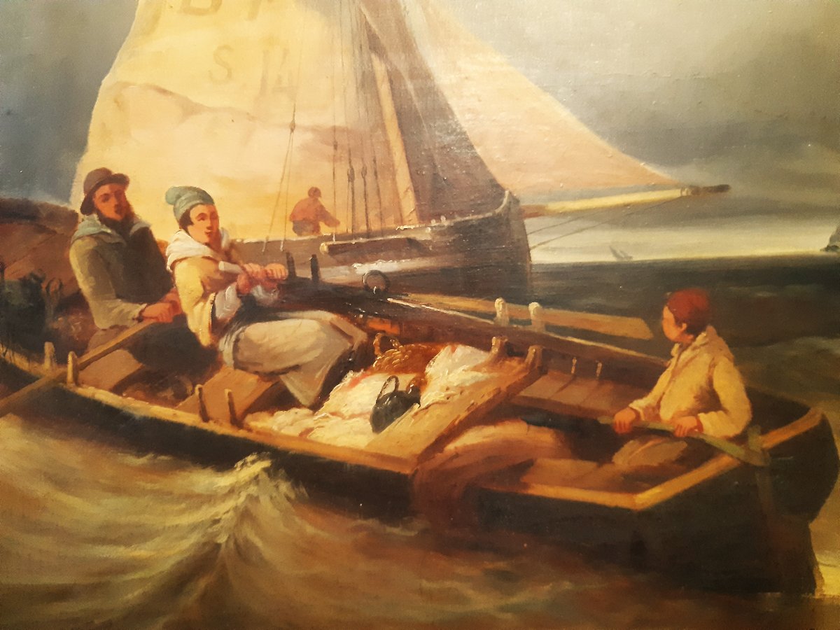Grande Peinture Départ de Pêche en Haute Mer par Mauvais Temps de COLSON 19éme-photo-2