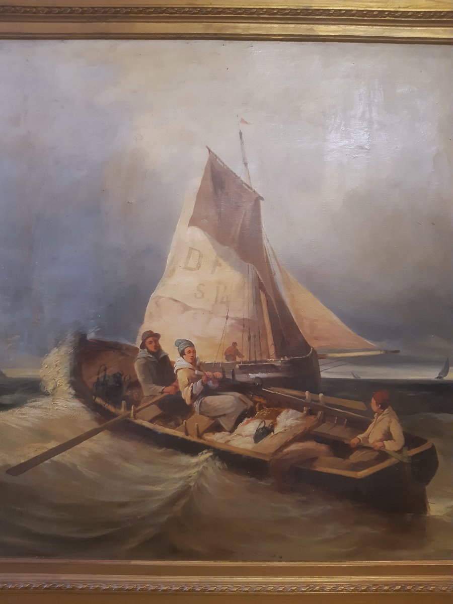 Grande Peinture Départ de Pêche en Haute Mer par Mauvais Temps de COLSON 19éme-photo-3