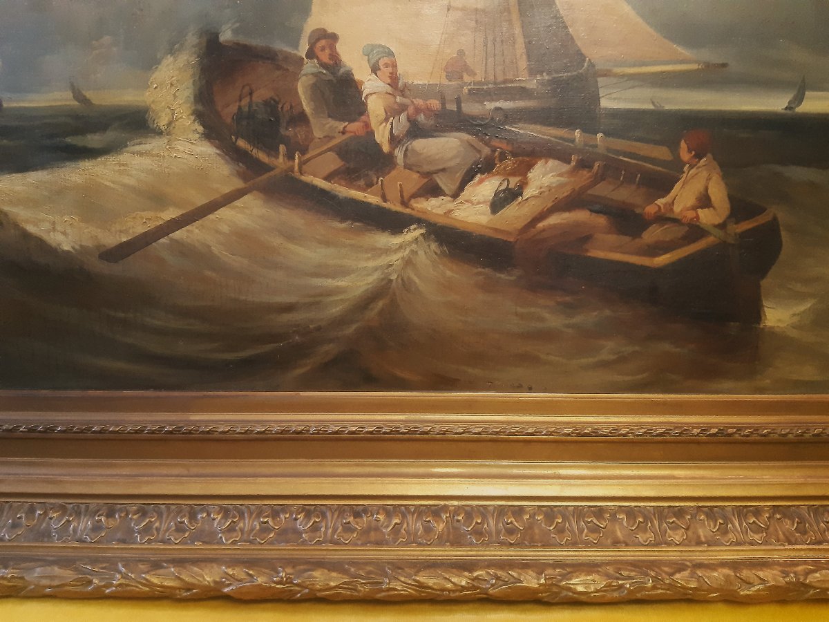 Grande Peinture Départ de Pêche en Haute Mer par Mauvais Temps de COLSON 19éme-photo-5