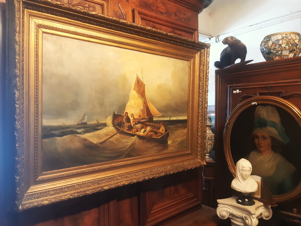 Grande Peinture Départ de Pêche en Haute Mer par Mauvais Temps de COLSON 19éme-photo-7