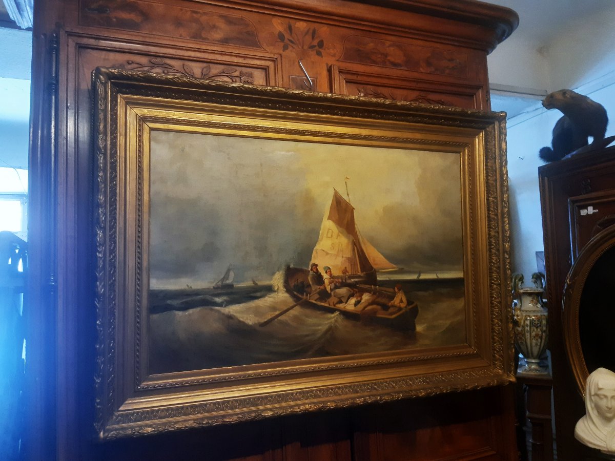 Grande Peinture Départ de Pêche en Haute Mer par Mauvais Temps de COLSON 19éme-photo-8