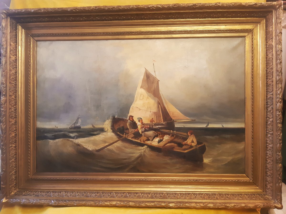 Grande Peinture Départ de Pêche en Haute Mer par Mauvais Temps de COLSON 19éme