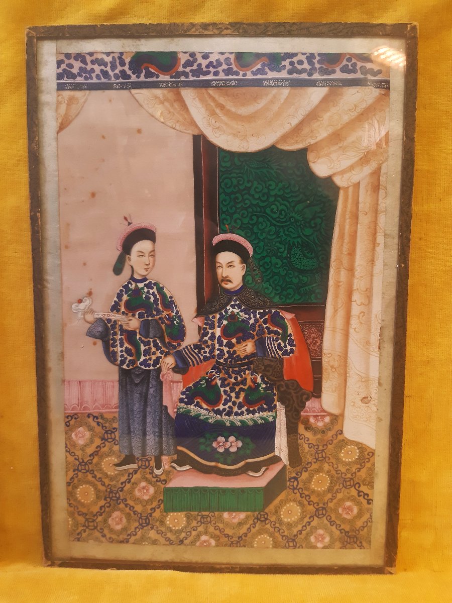 Couple Dignitaire et Servant  Opium Ecole Canton 19éme Concession Française Chine Impériale   -photo-1