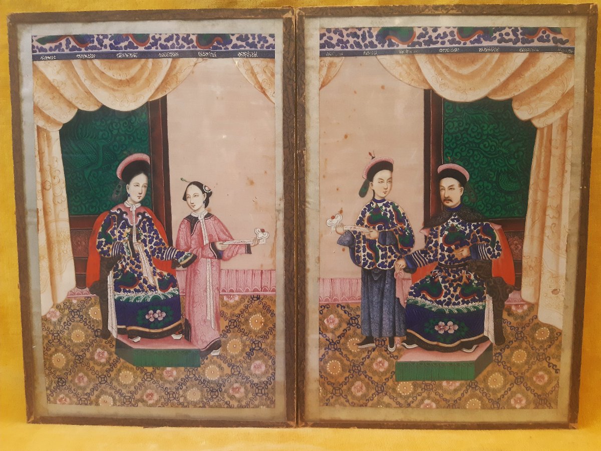 Couple Dignitaire et Servant  Opium Ecole Canton 19éme Concession Française Chine Impériale   