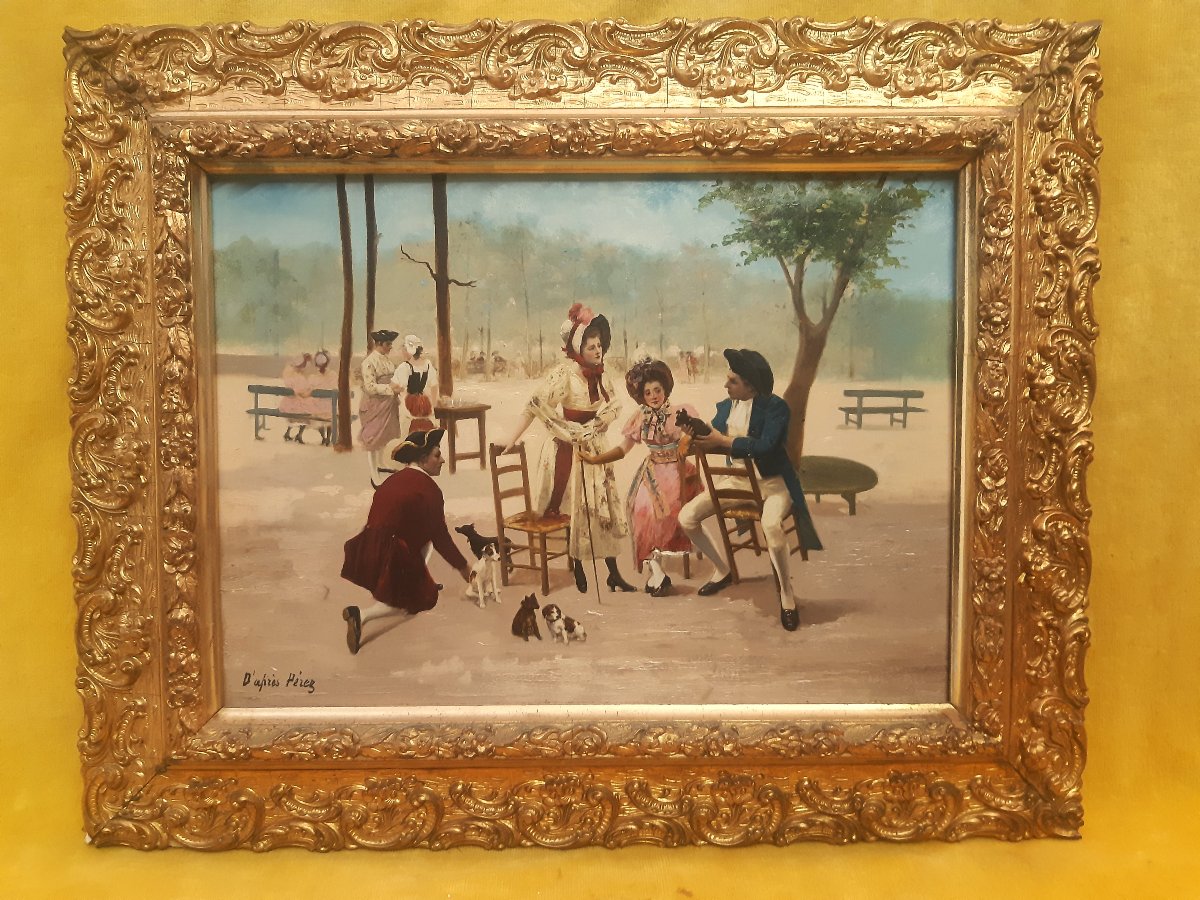 Paire Peintures sur Toile " Scène de Parc "et " Leçon de Billard " Style XVIIIème 1900-photo-2