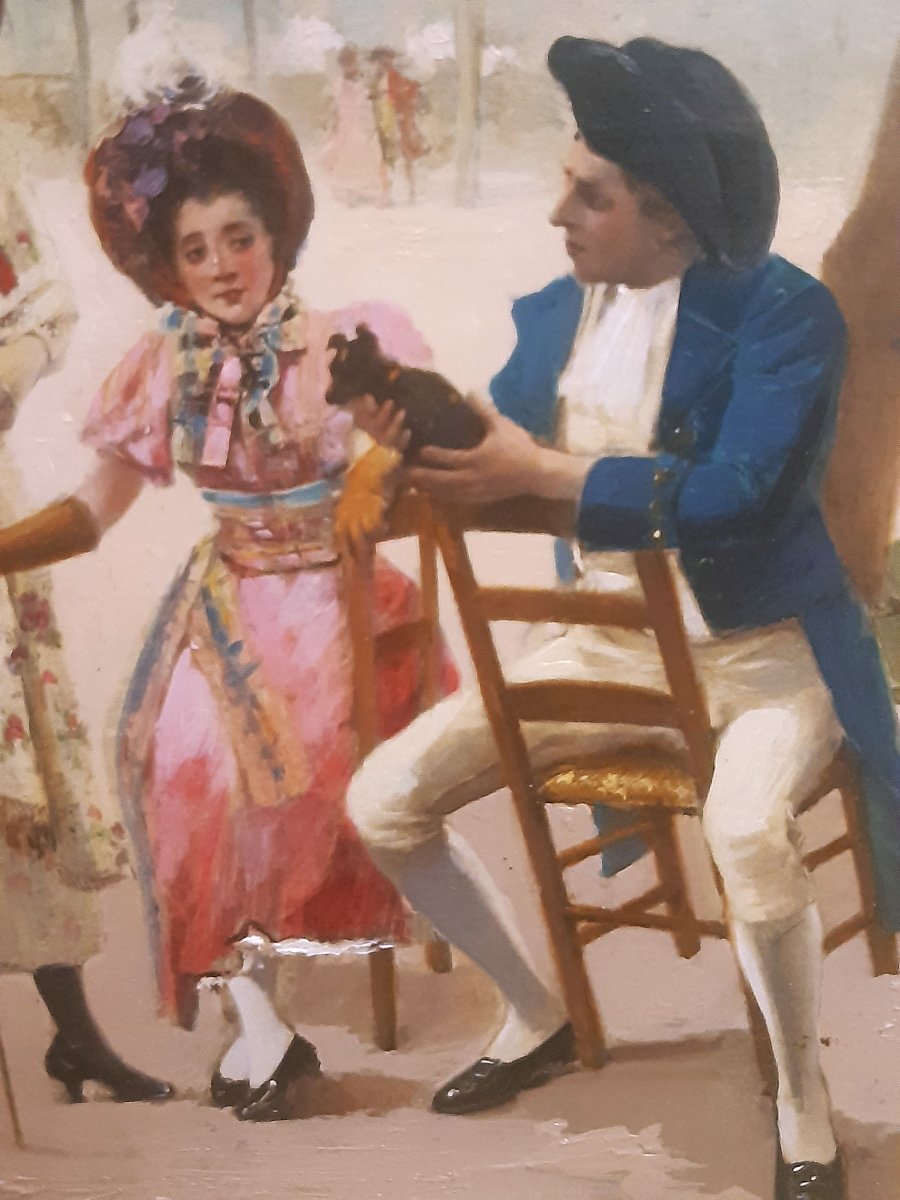 Paire Peintures sur Toile " Scène de Parc "et " Leçon de Billard " Style XVIIIème 1900-photo-4