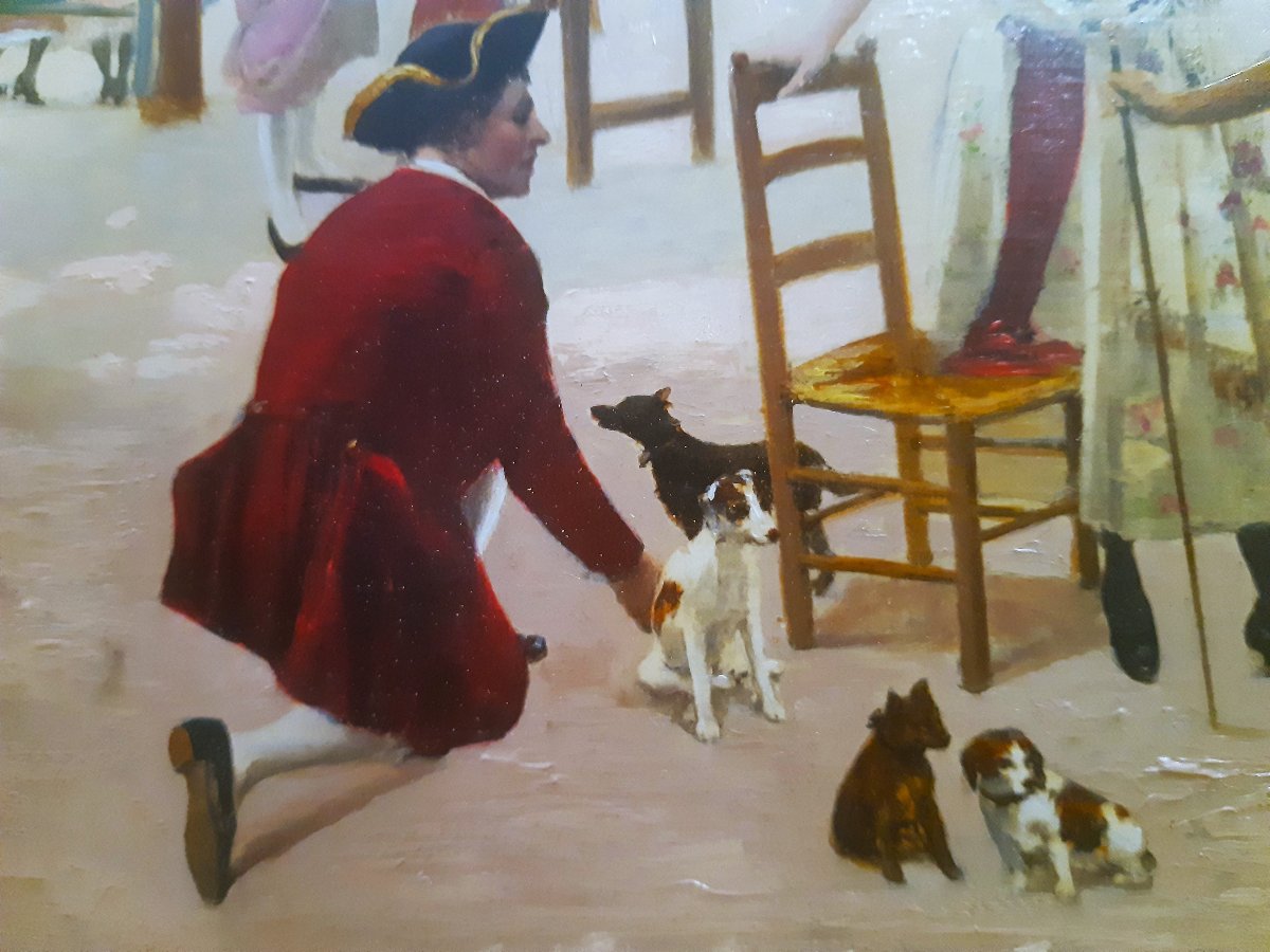 Paire Peintures sur Toile " Scène de Parc "et " Leçon de Billard " Style XVIIIème 1900-photo-1