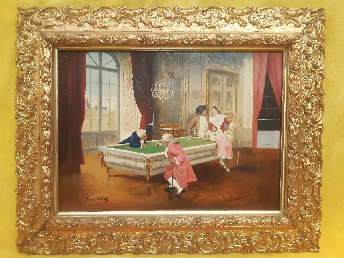 Paire Peintures sur Toile " Scène de Parc "et " Leçon de Billard " Style XVIIIème 1900-photo-4
