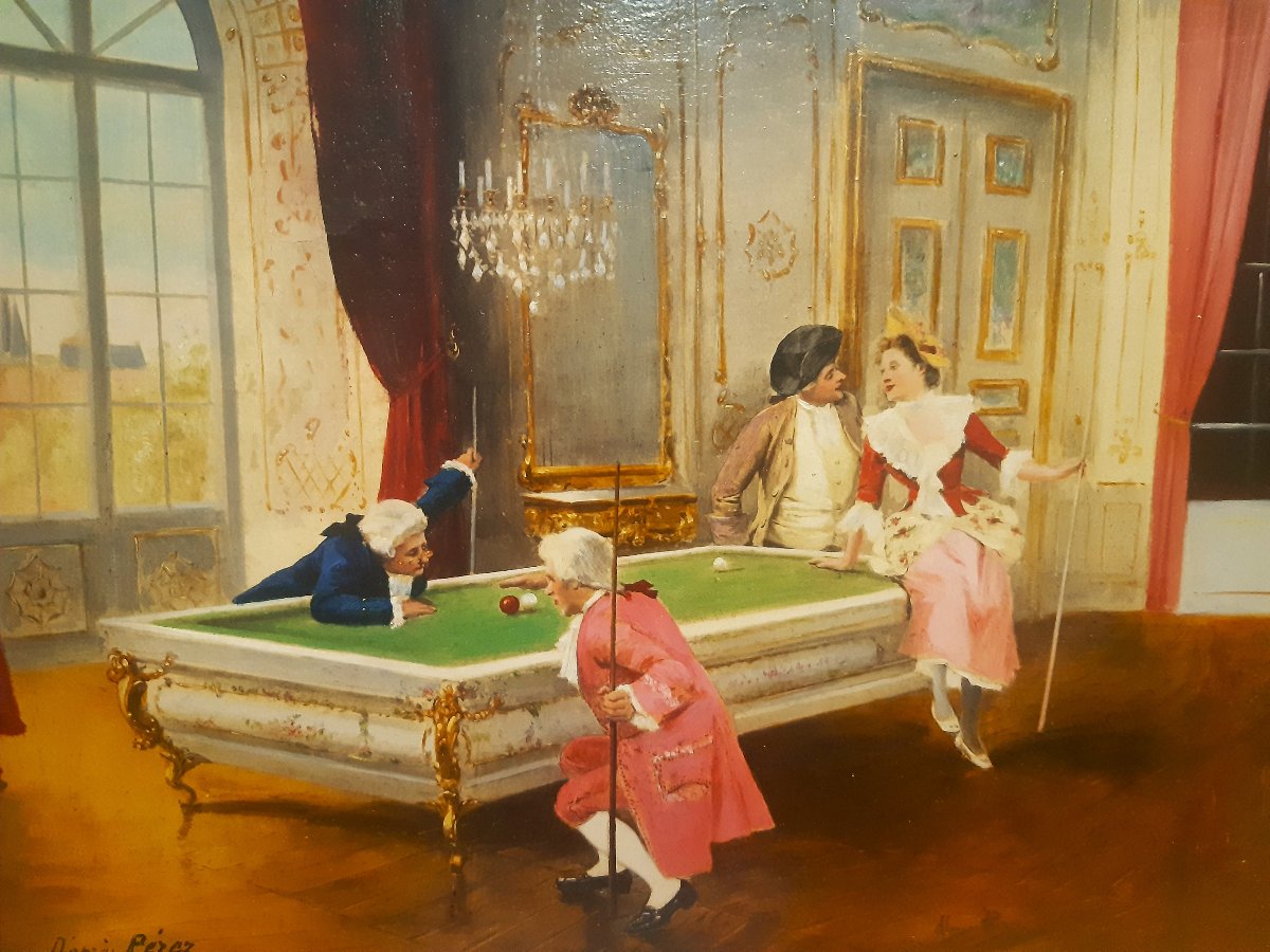 Paire Peintures sur Toile " Scène de Parc "et " Leçon de Billard " Style XVIIIème 1900-photo-5