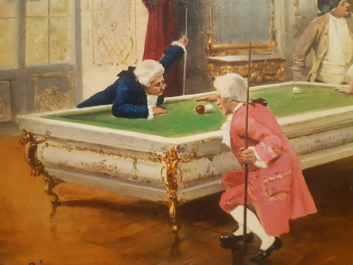 Paire Peintures sur Toile " Scène de Parc "et " Leçon de Billard " Style XVIIIème 1900-photo-6