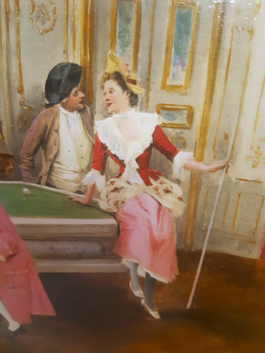 Paire Peintures sur Toile " Scène de Parc "et " Leçon de Billard " Style XVIIIème 1900-photo-7