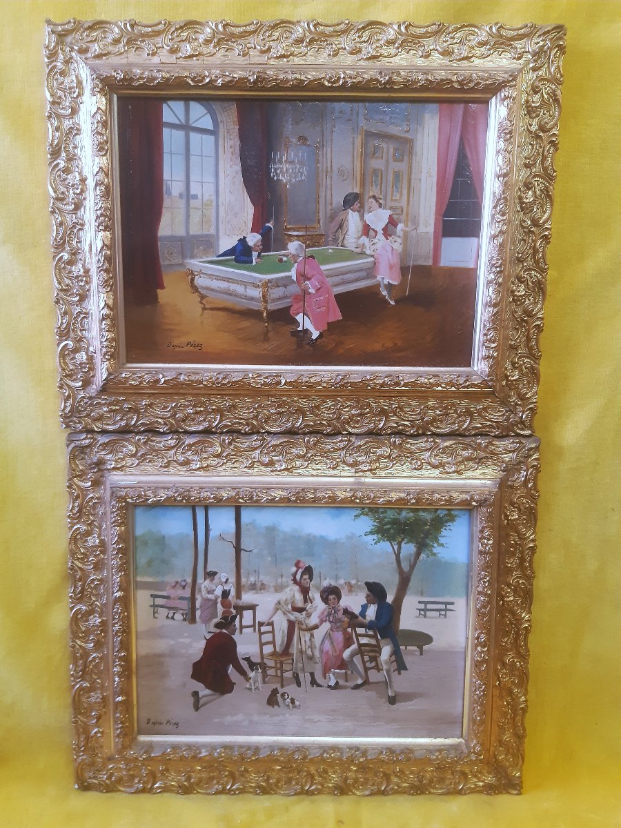 Paire Peintures sur Toile " Scène de Parc "et " Leçon de Billard " Style XVIIIème 1900