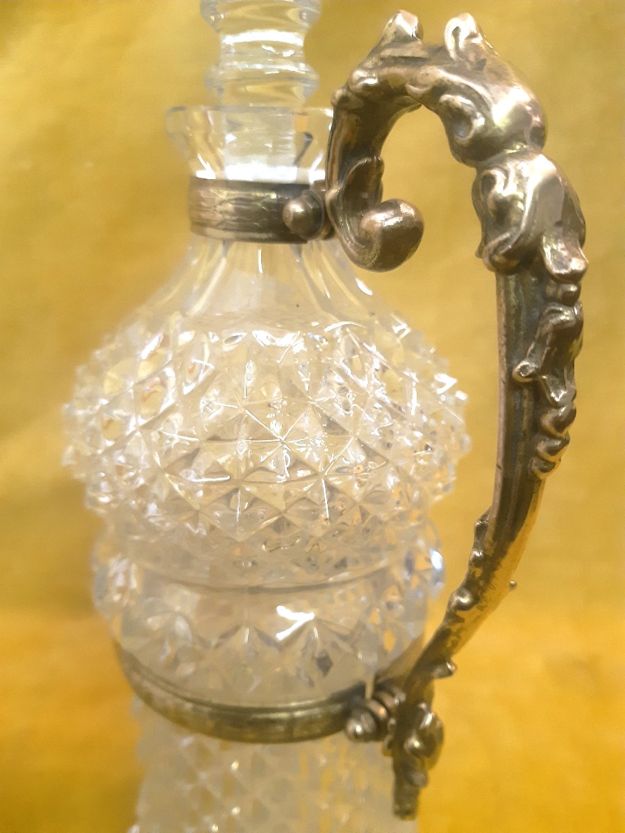 Grande Carafe Bouteille Ansée Bronze Aiguière Cristal Motif Diamant 19éme-photo-3
