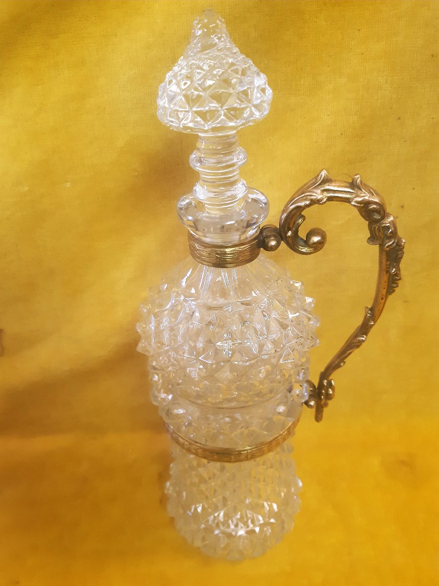 Grande Carafe Bouteille Ansée Bronze Aiguière Cristal Motif Diamant 19éme-photo-4
