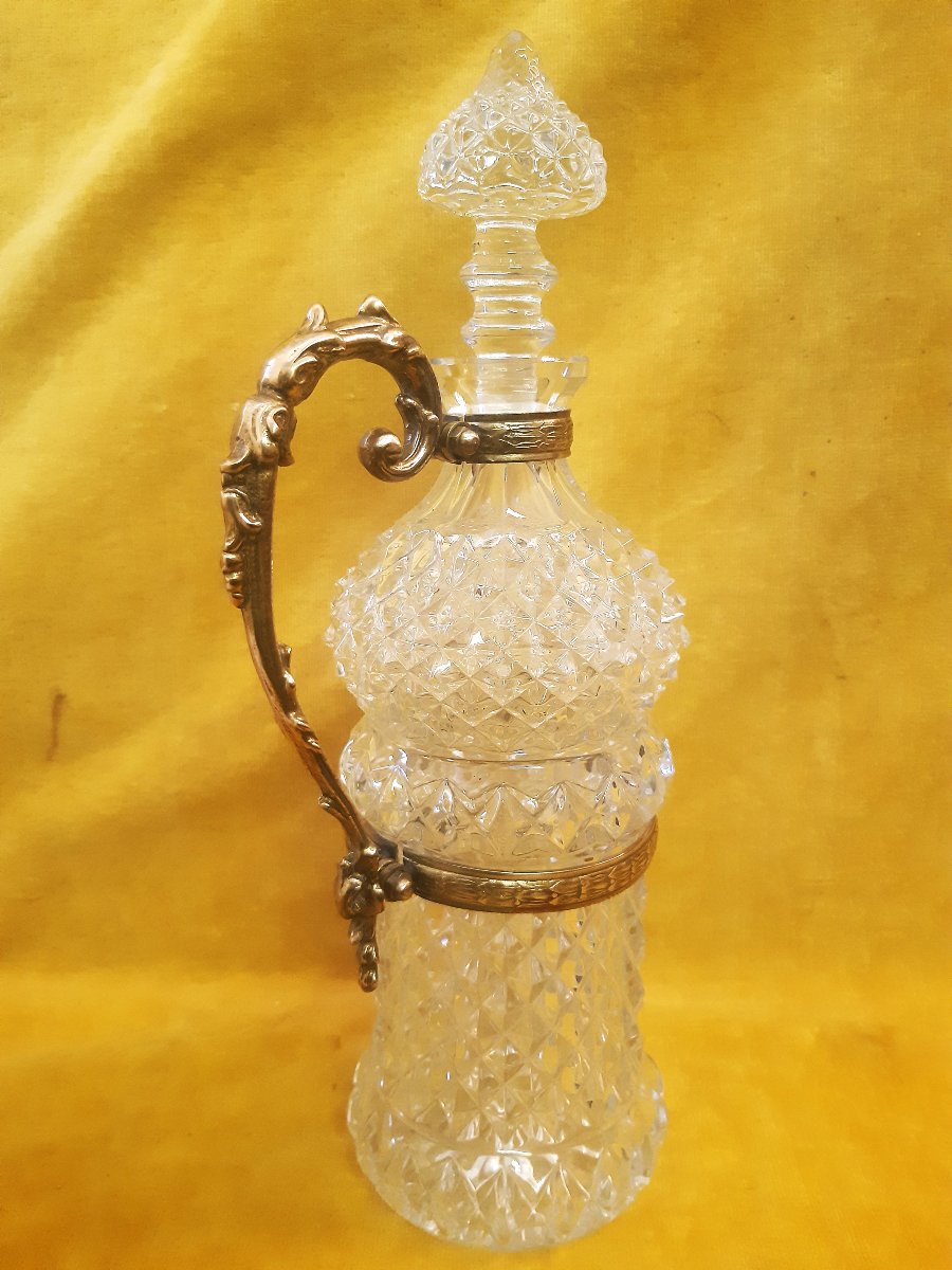 Grande Carafe Bouteille Ansée Bronze Aiguière Cristal Motif Diamant 19éme-photo-1