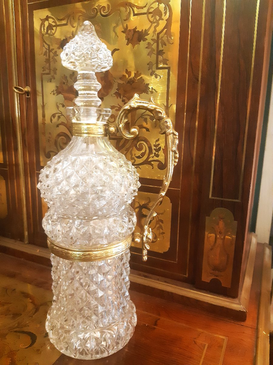 Grande Carafe Bouteille Ansée Bronze Aiguière Cristal Motif Diamant 19éme-photo-6