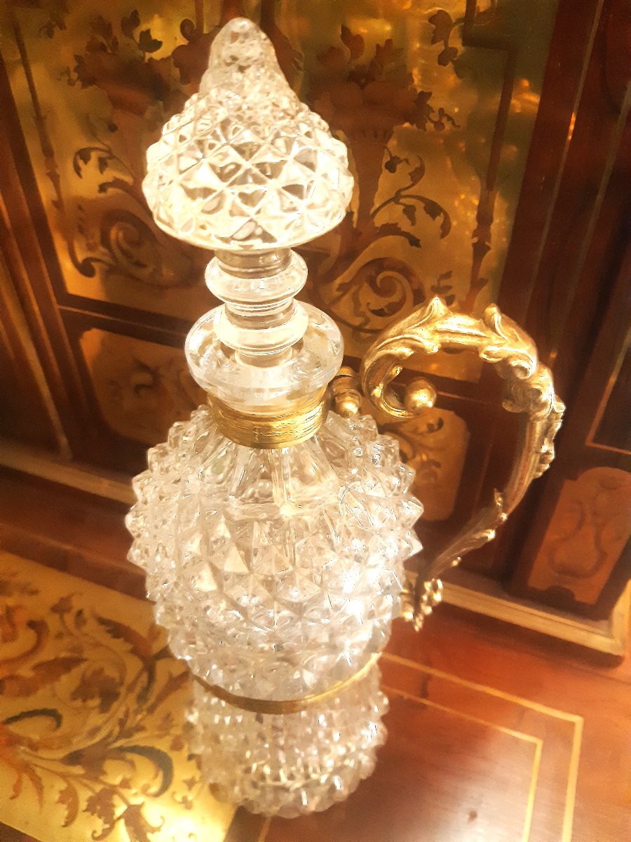 Grande Carafe Bouteille Ansée Bronze Aiguière Cristal Motif Diamant 19éme-photo-7